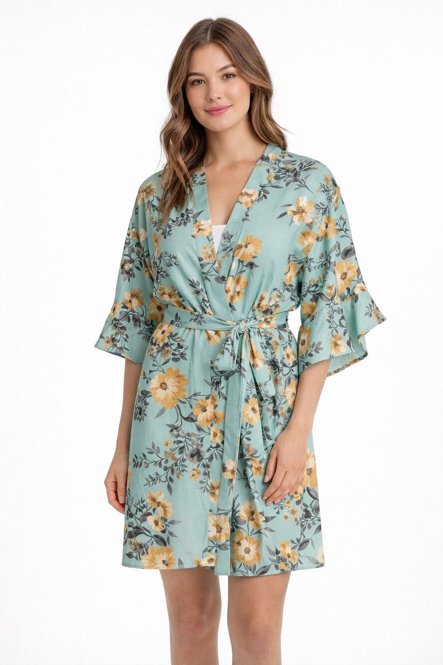 Birdy Grey Floral Kimono-Style Robe – Mint & Mustard size XS